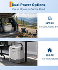 Heavy Duty 35 QT Portable Electric Cooler And Warmer For Cars Trucks And Homes 12V 110V Thermoelectric Fridge Box With Power Cord Gray in vehicle and home setting.