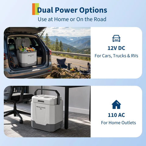 Heavy Duty 35 QT Portable Electric Cooler And Warmer For Cars Trucks And Homes 12V 110V Thermoelectric Fridge Box With Power Cord Gray in vehicle and home setting.