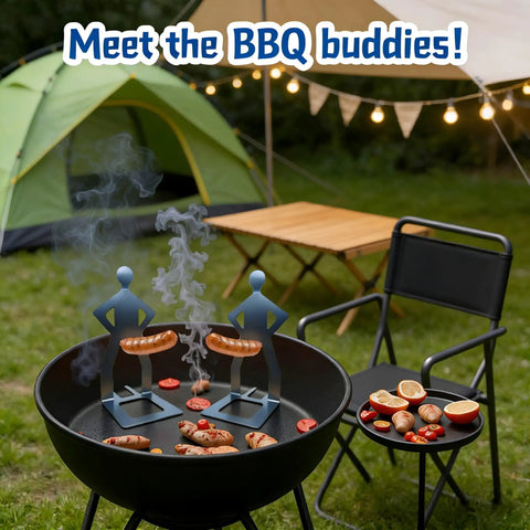 Funny Man Shaped Hot Dog Holder For Grilling Hands Free Stainless Steel Sausage Stand on BBQ with camping setup