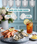 Hella Fast Portable Ice Maker With Built In Handle Makes Twenty Six Pounds Fresh Ice Daily with shrimp, oysters, and ice cubes.