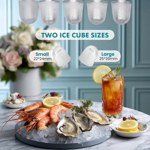 Hella Fast Portable Ice Maker With Built In Handle Makes Twenty Six Pounds Fresh Ice Daily with shrimp, oysters, and ice cubes.