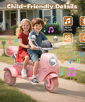 Children riding a 12V Dual Motor Kids Ride On Motorcycle With Storage Compartments, 2 Seater Pink Toy ATV on a sunny path.
