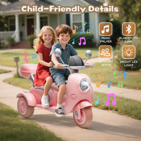 Children riding a 12V Dual Motor Kids Ride On Motorcycle With Storage Compartments, 2 Seater Pink Toy ATV on a sunny path.