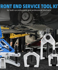 Heavy Duty 5 In 1 Ball Joint Separator And Pitman Arm Puller Kit With Tie Rod End Remover displayed with tools in blue case.