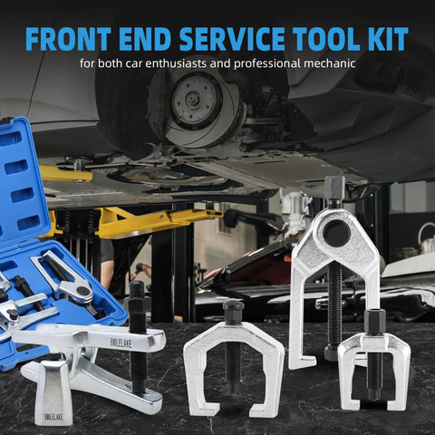 Heavy Duty 5 In 1 Ball Joint Separator And Pitman Arm Puller Kit With Tie Rod End Remover displayed with tools in blue case.