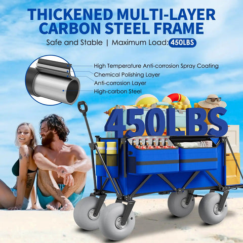 Heavy Duty Beach Wagon With Big Wheels For Sand 450 Lb Load Foldable Cart With 9 Inch All Terrain Inflatable Tires