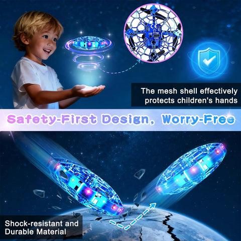 Child playing with Kids Drone For Indoor And Outdoor Fun 2026 Upgrade with LED lights hovering in air, showing gesture control.