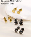 Implant Grade F136 Titanium Cubic Zirconia Stud Earrings Secure Screw Back Ultra Light Hypoallergenic For Sensitive Ears All Day Fresh Fit No Drama Vibe Top Tier Slay with gold and black heart shapes.
