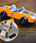 Pinewood Derby Weights Kit With 3 Oz Flexible Tape Weights And 0.5 Oz Graphite Lubricant For Serious Speed Boost On Derby Cars No Drilling Easy Cut Lead Free DIY Wheels And Axles shown with derby car.