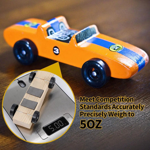 Pinewood Derby Weights Kit With 3 Oz Flexible Tape Weights And 0.5 Oz Graphite Lubricant For Serious Speed Boost On Derby Cars No Drilling Easy Cut Lead Free DIY Wheels And Axles shown with derby car.