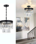 2 Tier Crystal Chandelier With Black Finish For Living Room Bedroom Dining Room And Hallway, Real K9 Crystals With Transparent Triangular Strips For Sparkling, A Real Showstopper And Must Have For Any Home Decor