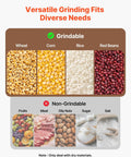 Image showing grindable grains like wheat, corn, rice, red beans, and non-grindable items for the Electric Grain Mill And Spice Grinder.