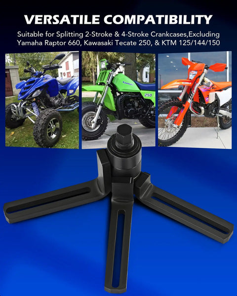 Three motorcycles and 15 Piece Crankcase Splitter And Installer Tool Kit With 360 Degree Adjustable Arms on blue background