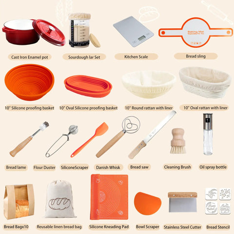 All-In-One Sourdough Starter Kit With Enameled Cast Iron Dutch Oven, Digital Scale, And 4 Banneton Proofing Baskets, Beginner Guide, Sling, 34oz Starter Jar, The Ultimate Bread Making Gift Set For Home Bakers components displayed