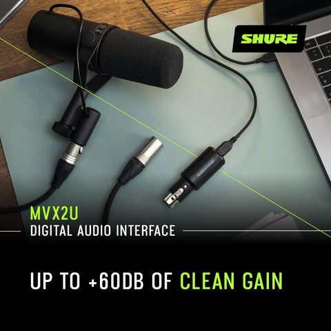 MVX2U XLR To USB Audio Interface With Headphone Jack 60 dB Gain Zero Latency Monitoring 48V Phantom Power USB Cable Included visible
