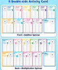 Double-sided activity cards showing addition and multiplication spinners for Magnetic Addition And Multiplication Game Board For Kids Ages 8 To 12.