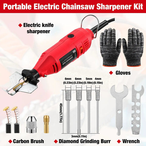 Portable Electric Chainsaw Sharpener Kit With 8 Piece File Set And 45 Diamond Sharpener Stones including gloves and tools