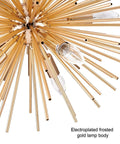 Close-up of Dope Gold Sputnik Chandelier Light Fixture With 12 E12 Holders, showing frosted gold tubes and bulb details.