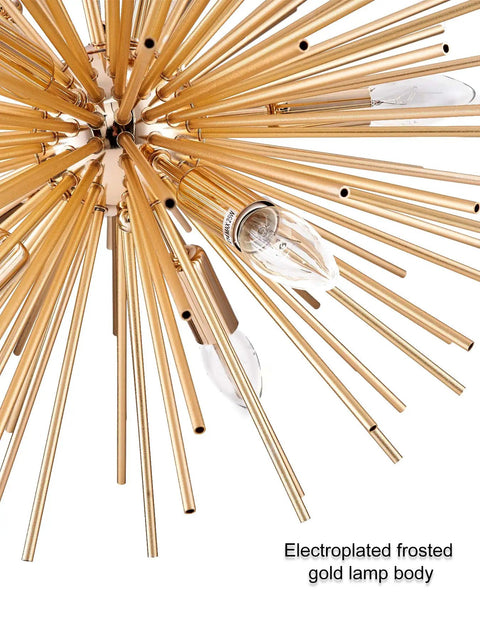 Close-up of Dope Gold Sputnik Chandelier Light Fixture With 12 E12 Holders, showing frosted gold tubes and bulb details.