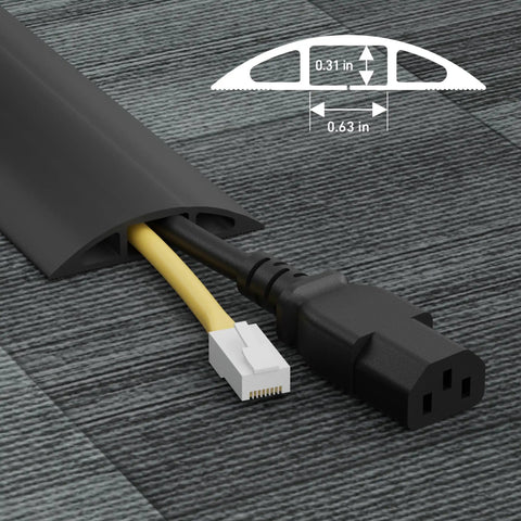 6ft Floor Cord Cover Cable Protector for Home and Office hiding two cables on carpet, black flexible PVC, 0.63" wide by 0.31" high.