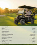Sleek Black 4-Seater Electric Golf Cart With Raised Stance, Heavy Duty Shocks, Plug And Play Charging, Flex Cargo Trunk, 44 Mile Range Weekend Warrior Build parked on a golf course.