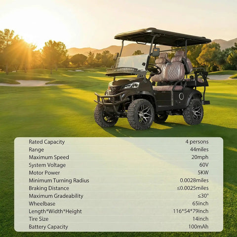 Sleek Black 4-Seater Electric Golf Cart With Raised Stance, Heavy Duty Shocks, Plug And Play Charging, Flex Cargo Trunk, 44 Mile Range Weekend Warrior Build parked on a golf course.