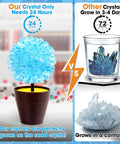 Comparison of 24-hour crystal growing kit and 72-hour kit; features crystal in a pot vs. crystal in a glass container.