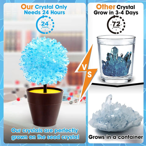 Comparison of 24-hour crystal growing kit and 72-hour kit; features crystal in a pot vs. crystal in a glass container.