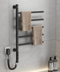 Smart 180 Degree Rotating Heated Towel Rack With 1 Hour To 8 Hour Timer 82 Watt Wall Mounted Towel Warmer, black, in bathroom