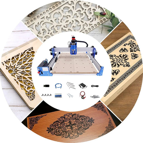 Pro Level 3 Axis 4040 CNC Router Engraver Machine With 75W Spindle And 42 Stepper Motors, displaying intricate wood engravings.