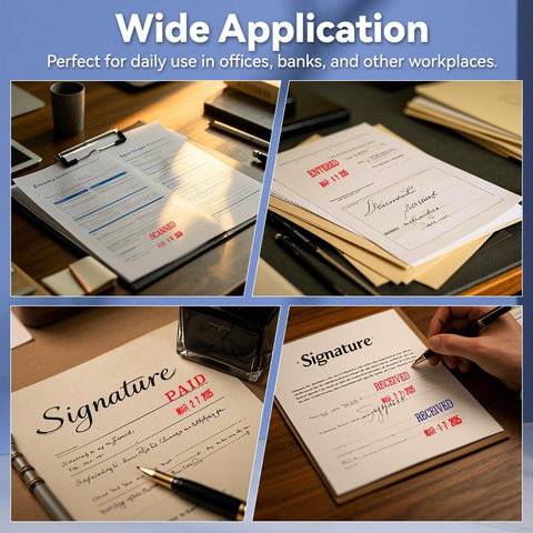 Slick Adjustable Received Date Stamp For Offices And Businesses Straight Up Reliable Two Color Ink With Blue Text And Bold Red Dates Easy To Reset Up To Thirteen Consecutive Years Built Tough For Daily Mailroom Hustles And Quick Paperwork Sign Offs on various documents.