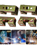 Heavy Duty Adjustable V Type Welding Clamps Stainless Steel Set Of 4 For Metalwork And DIY Projects Secure Hold Strong Grip on a workbench.