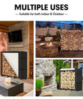 Collage of 4Ft Outdoor Firewood Rack With Cover in patio and garden settings, highlighting heavy duty square steel stand and waterproof 300D cover.
