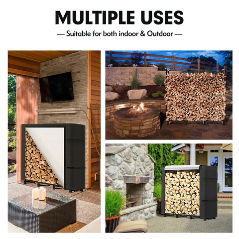 Collage of 4Ft Outdoor Firewood Rack With Cover in patio and garden settings, highlighting heavy duty square steel stand and waterproof 300D cover.