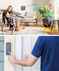 Expandable Wireless Doorbell Kit With 1300ft Range in a home setting with musical notes and a finger pressing the outdoor button