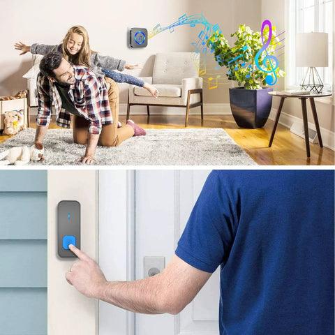 Expandable Wireless Doorbell Kit With 1300ft Range in a home setting with musical notes and a finger pressing the outdoor button