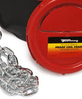 Heavy Duty 5/16 Inch Zinc Plated Grade 30 Proof Coil Chain 92 Feet Long in a coil with a label for towing and securing tasks.