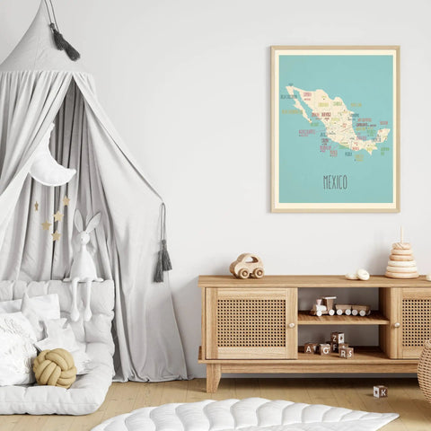 Mexico Map Poster 11x14 Blue Wall Art For Kids And Classrooms, Educational Geography Print, hangs in modern kid's playroom
