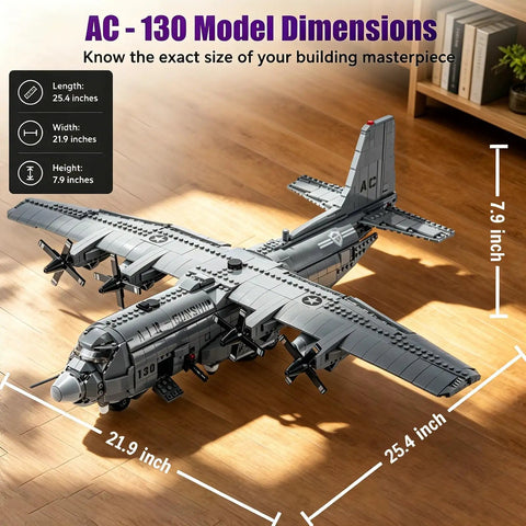 AC 130 Gunship Building Block Set 1713 Pieces WW2 Aircraft Model Dimension Display On Wooden Surface