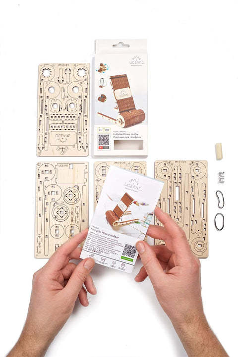 Adjustable Foldable Phone Holder for Smartphones and Tablets, Handcrafted Wooden Desk Stand, Compact Portable Desk Sidekick for Home Office, Easy Setup, Sturdy Support for Video Calls, Watching and More, wooden parts and box