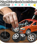Hand assembling 64 Piece Toy Wheels And Axles Set For DIY Model Car Building Projects, showing wheels and axles with an orange model car.