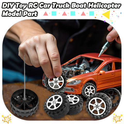 Hand assembling 64 Piece Toy Wheels And Axles Set For DIY Model Car Building Projects, showing wheels and axles with an orange model car.