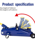 Side view of 2 Ton Heavy Duty Hydraulic Floor Jack With Low Profile Design For Sedans Trolley Service Jack, blue, with specs.