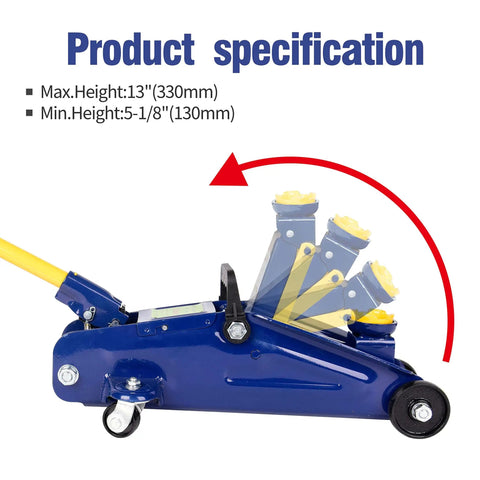 Side view of 2 Ton Heavy Duty Hydraulic Floor Jack With Low Profile Design For Sedans Trolley Service Jack, blue, with specs.