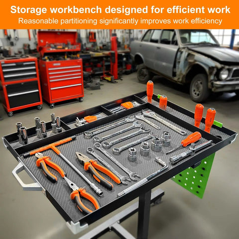 Mobile Adjustable Height Work Table On Wheels With Rolling Tray For Mechanics, Garages, Workshops, Repair Shops, Warehouses And DIY Projects, Height Adjustable From 36 To 50 Inches, Portable Sturdy Workstation showing organized tools.