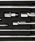 Nine Piece Magnetic Socket Extension Set That Turns Your Standard Sockets Into Magnetic Sockets For Quarter Inch, Three Eighths Inch, And Half Inch Drives organized in a black tray
