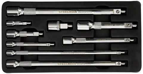 Nine Piece Magnetic Socket Extension Set That Turns Your Standard Sockets Into Magnetic Sockets For Quarter Inch, Three Eighths Inch, And Half Inch Drives organized in a black tray