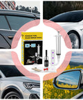 DIY Windshield Crack Repair Kit With Quick Chip Resin And Pressure Syringe For Sunroofs, Trucks, Lenses, Doors, Windows And Even Furniture Tables, Fast Fix, Durable Seal, No Mess, Clear Finish In Minutes, shown with car windshields, kit components, syringe, resin bottle, and mirror reflection.