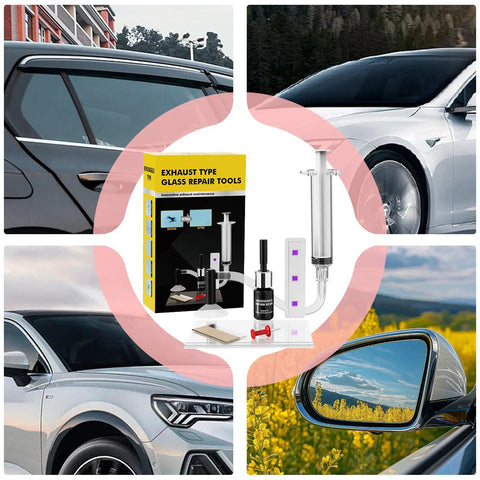 DIY Windshield Crack Repair Kit With Quick Chip Resin And Pressure Syringe For Sunroofs, Trucks, Lenses, Doors, Windows And Even Furniture Tables, Fast Fix, Durable Seal, No Mess, Clear Finish In Minutes, shown with car windshields, kit components, syringe, resin bottle, and mirror reflection.