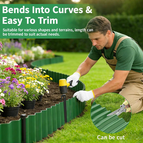 Flexible 6 Inch Corrugated Landscape Edging Kit, 29.5 Feet Long With 16 Stakes, being installed along flower bed.
